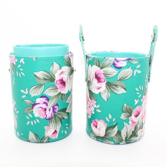 Cylinder Brush Holder Travel Organizer Faux Leather Green Floral Case - Picture 2 of 3